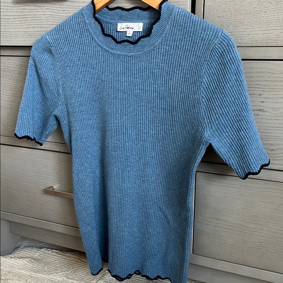 Sam Edelman Leslie Ribbed Knit Round Neck Short Sleeve Scallop Edge Top - Picture 3 of 10